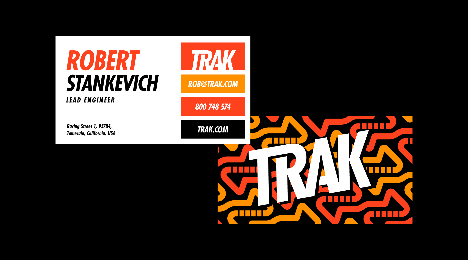 business cards for TRAK racing circuit from the USA