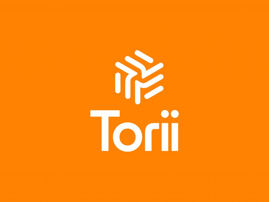 torii logo design based on idea of portal letter t for it company symbol and text stacked version